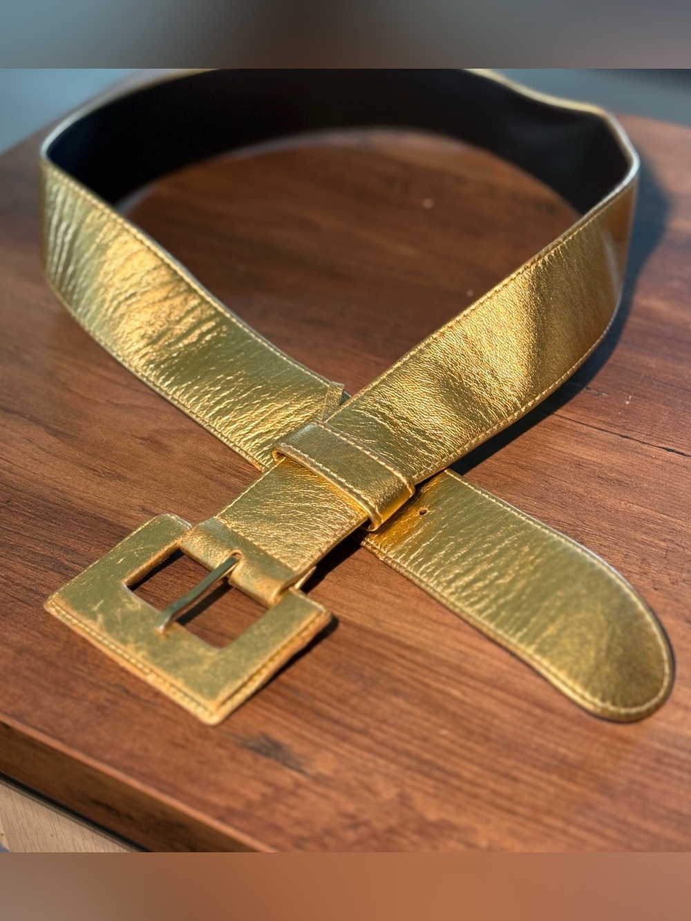 Vintage Charles Jourdan Metallic Gold Faux Leather Belt with Square Buckle 28